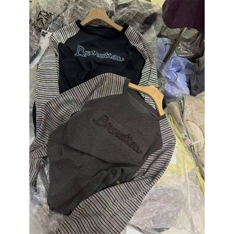 【丹姐家~字母插肩袖~】设计感撞色条纹拼接圆领T恤