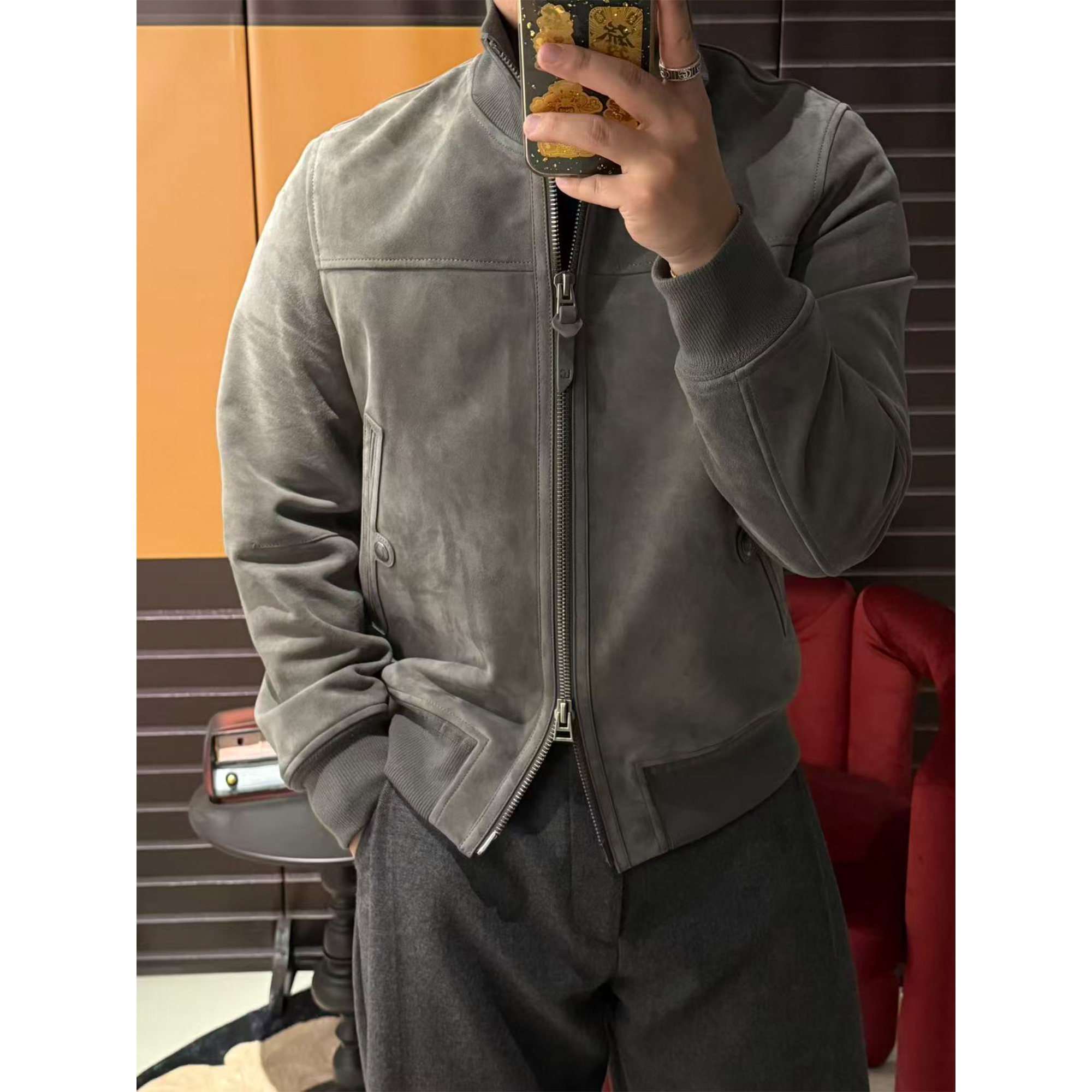 LA CALIFFA57600元TF版”总裁的 月光石灰“小羊羔皮 A1 飞行夹克