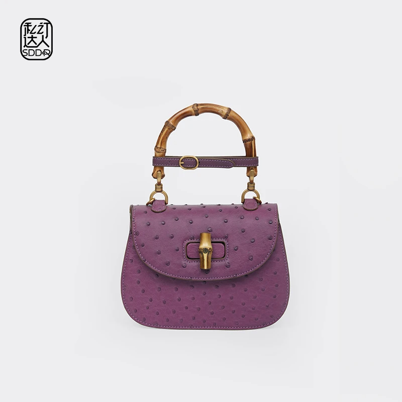 私订达人鳄鱼世家2025新款气质女士真皮轻奢时尚鸵鸟皮竹节手拎包