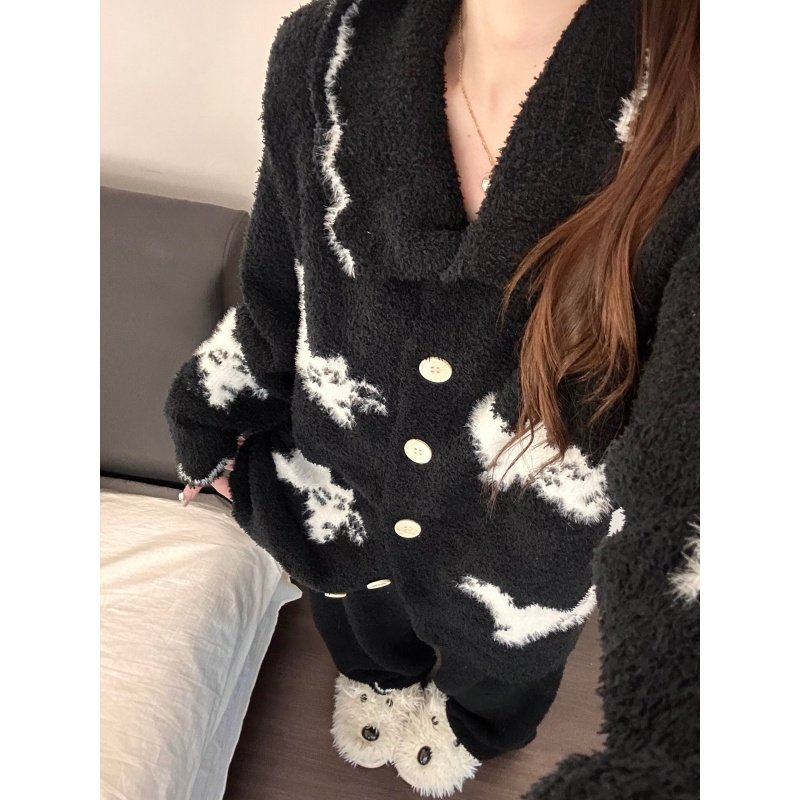 韩系炸毛小猫开衫半边绒睡衣女款秋冬季加绒加厚家居服套装可外穿