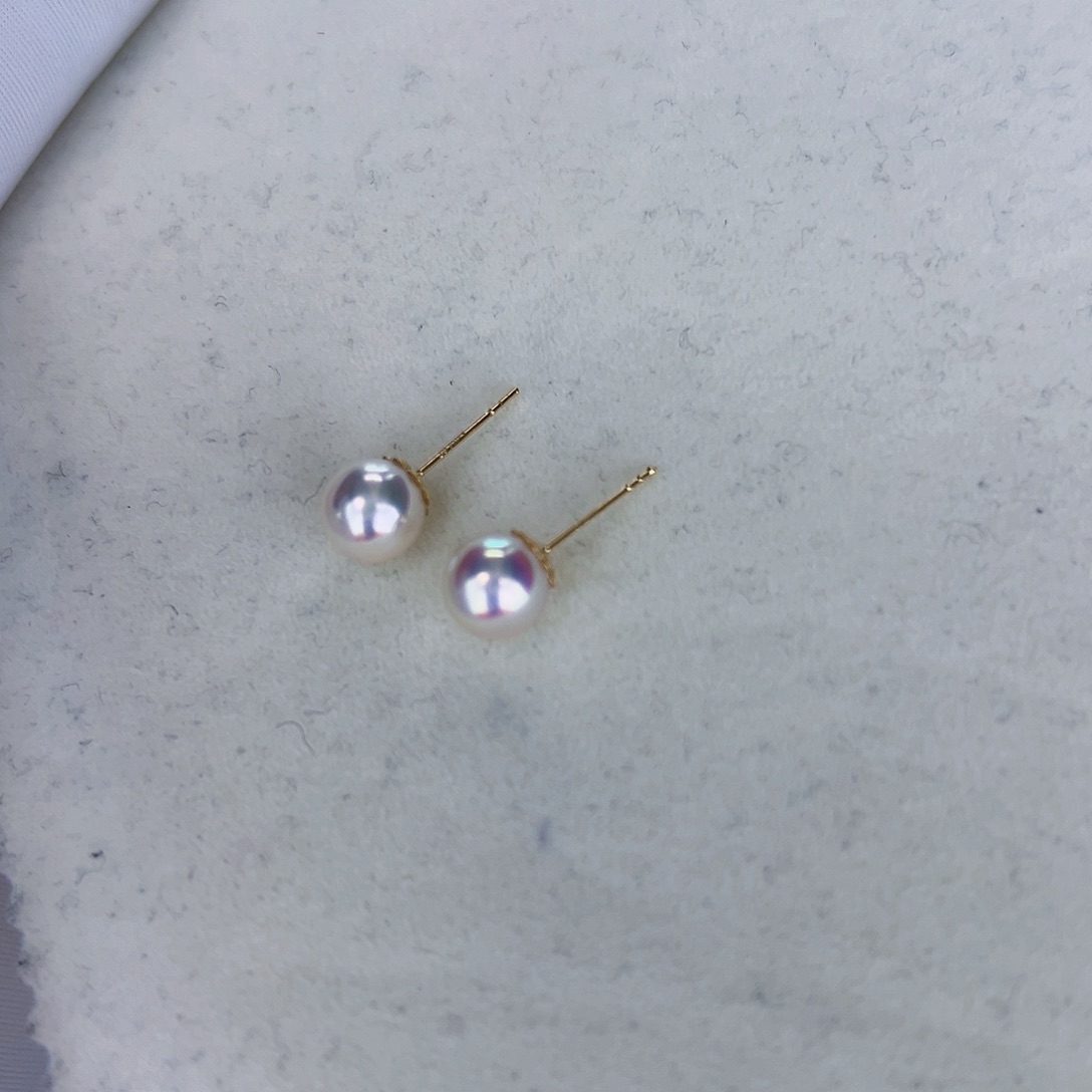 海水珍珠海水akoya天女耳钉7-7.5mm18K金镶嵌