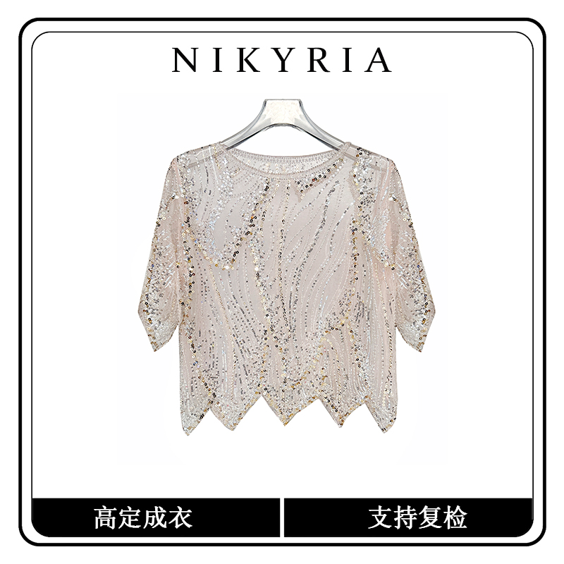 【 金枝玉叶-粉色】DL重工亮片精致短袖T恤女圆领宽松气质上衣潮