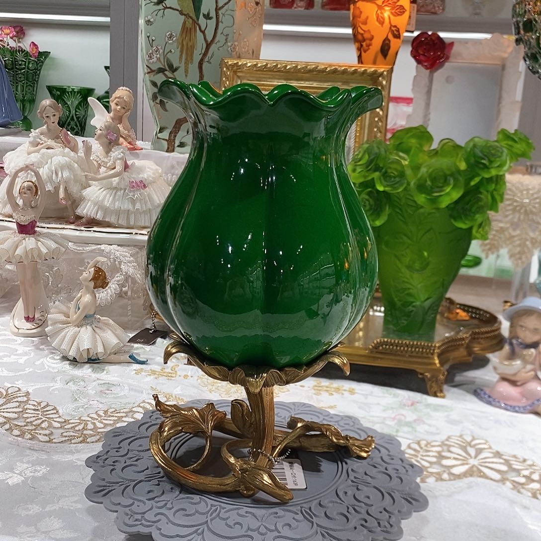 摆件0180铜配瓷祖母绿花苞瓶