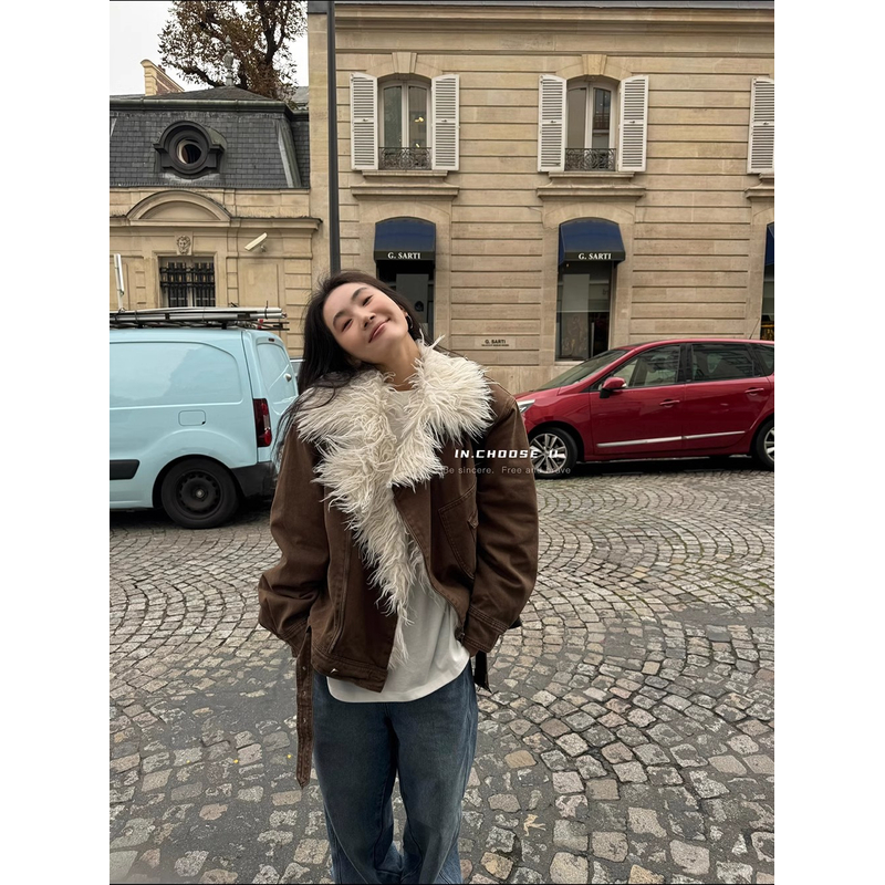 【清】NO退换ONEXH·IN choose u2024冬 大毛领翻领复古夹棉牛仔外套