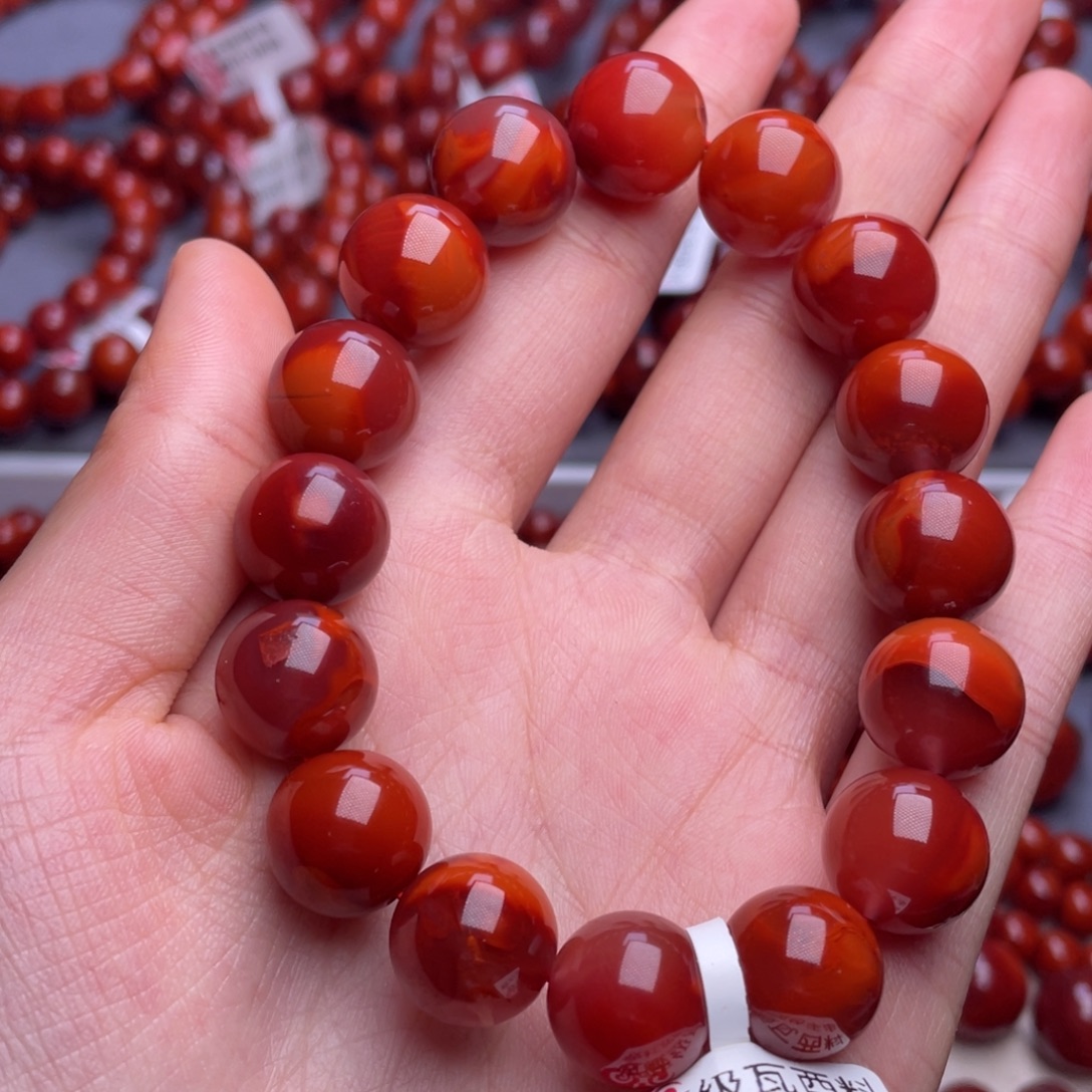 南红玛瑙未镶嵌其他13mm精品瓦西玫红双色圆珠手串
