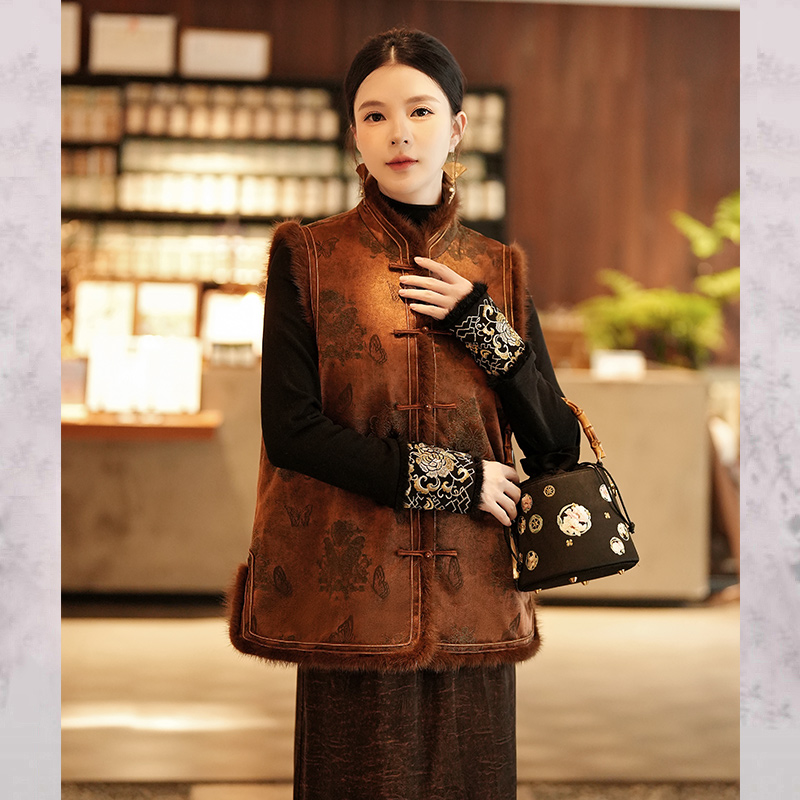 【画眉】新中式立领桑蚕丝马甲女老钱风外穿叠穿夹棉水貂毛马夹女