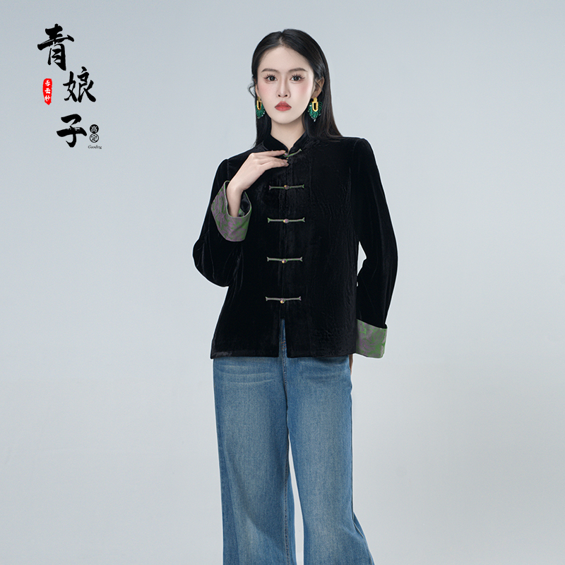 青娘子-（秋兰）丝绒拼接提花立领中式唐装气质中国风外套61056