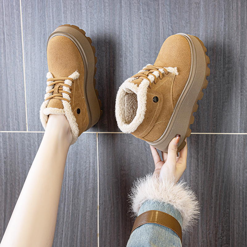 加绒保暖毛毛鞋女2025冬季新款复古8cm厚底时尚百搭休闲系带棉鞋