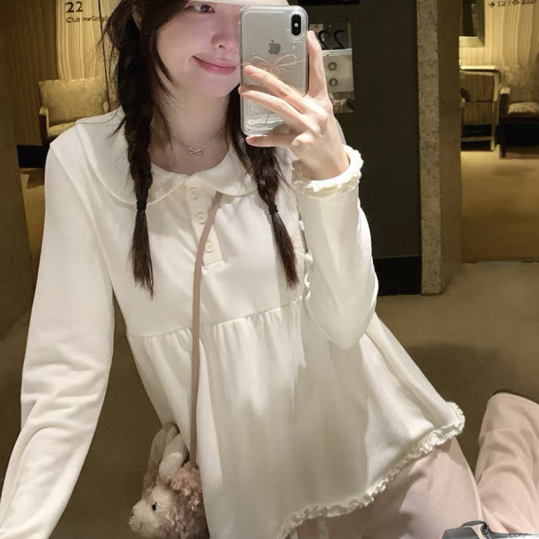 2025冬装新款甜美娃娃领木耳边上衣女宽松长袖T恤打底衫