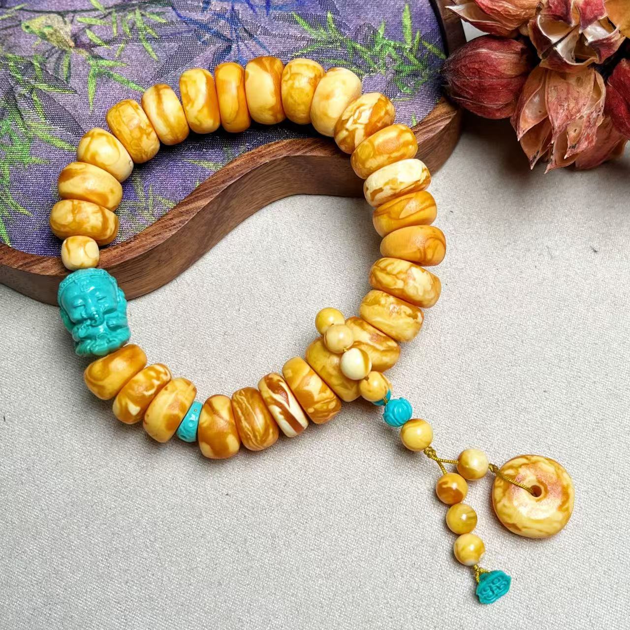 【壹芳珠宝*传承】天然原矿琥珀蜜蜡石膏妖花饼子手串13/15mm