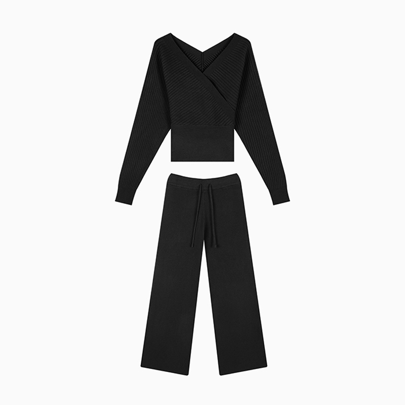 慵懒休闲系列套装2025秋冬新款V领收腰上衣直筒阔腿裤两件套
