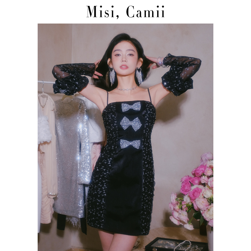 Misi,Camii轻奢亮片抽褶蝴蝶结礼服裙高端轻奢黑色小众设计感裙子