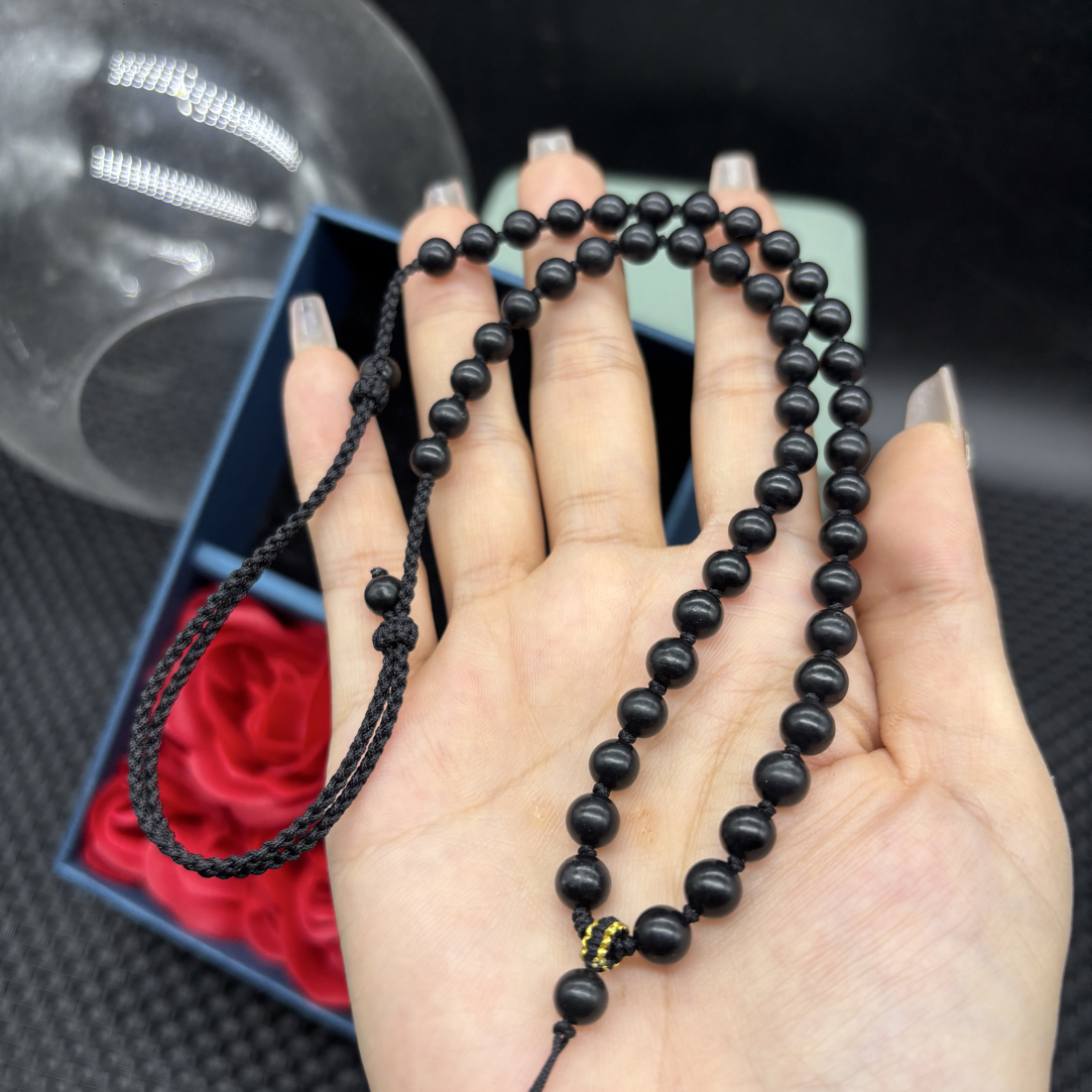 天然和田玉墨玉圆珠6mm黑色玉坠挂绳项链玉佩毛衣链编织可调节款