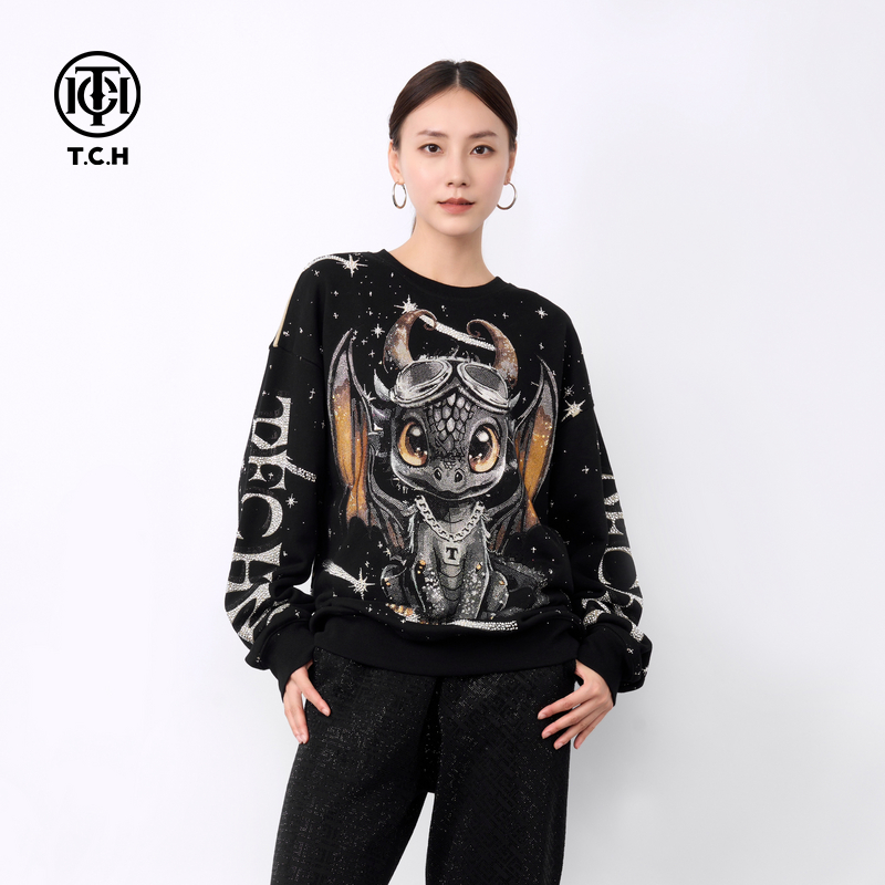 TCH轻奢烫钻字母满天星翅膀龙休闲长袖圆领衫男女同款T72C116062