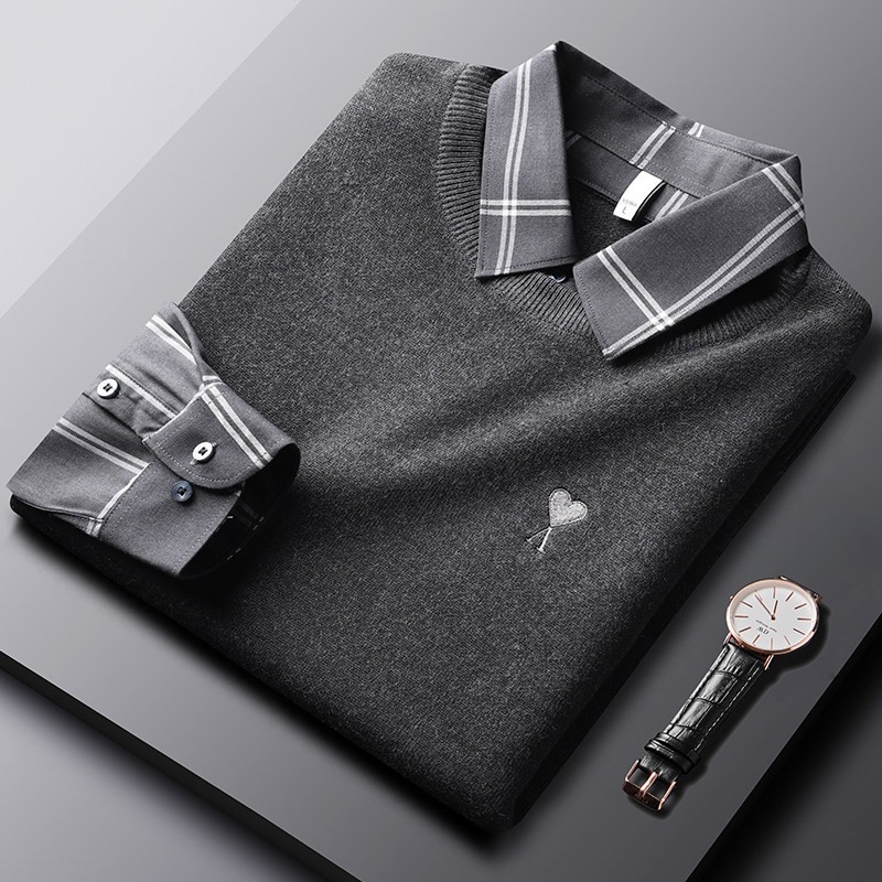 假两件针织衫男毛衣衬衫领秋冬男士毛线衣内搭打底男款上衣9337XL