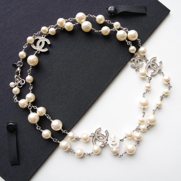 95新 Chanel/香奈儿 Chanel 5闪钻双C珍珠项链