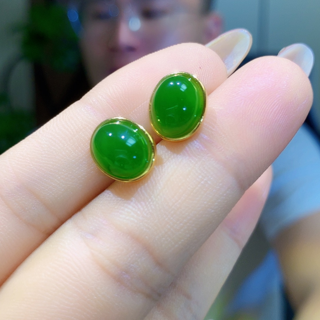 银S925镀金镶嵌和田玉（碧玉）耳饰