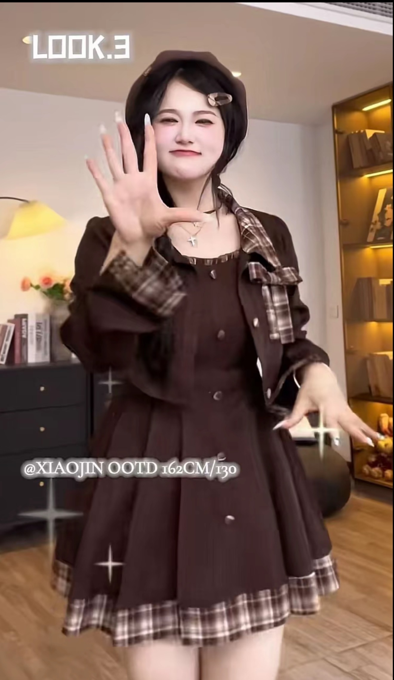 【金刚芭比推荐】复古气质格纹胖mm显瘦咖色上衣半身裙套装
