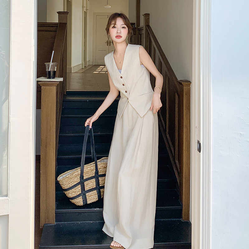 高级感老钱风亚麻套装女夏季2025新款薄款气质马甲阔腿裤两件套J