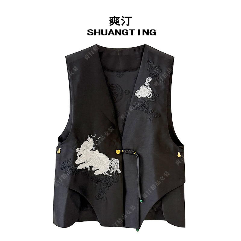 Jokara/丘可儿【枫落】新中式国风马甲绣花复古盘扣V领马夹休闲春