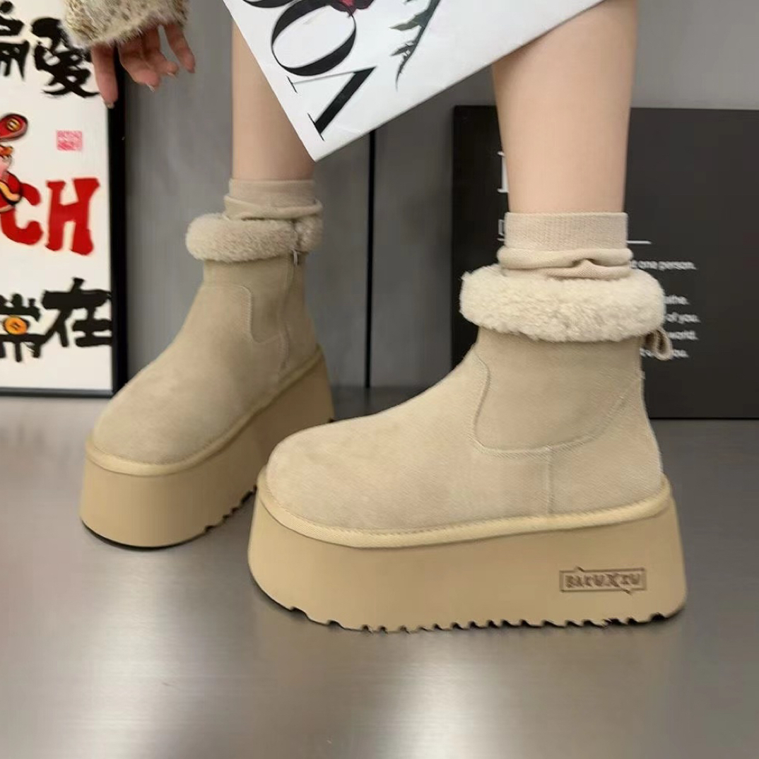 欧洲站松糕鞋女2025秋冬新款真皮博肯磨砂皮厚底超高跟雪地棉短靴