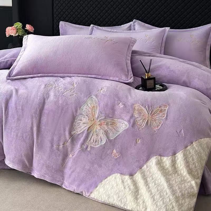 千鸟格蝴蝶系列牛奶绒四件套-紫