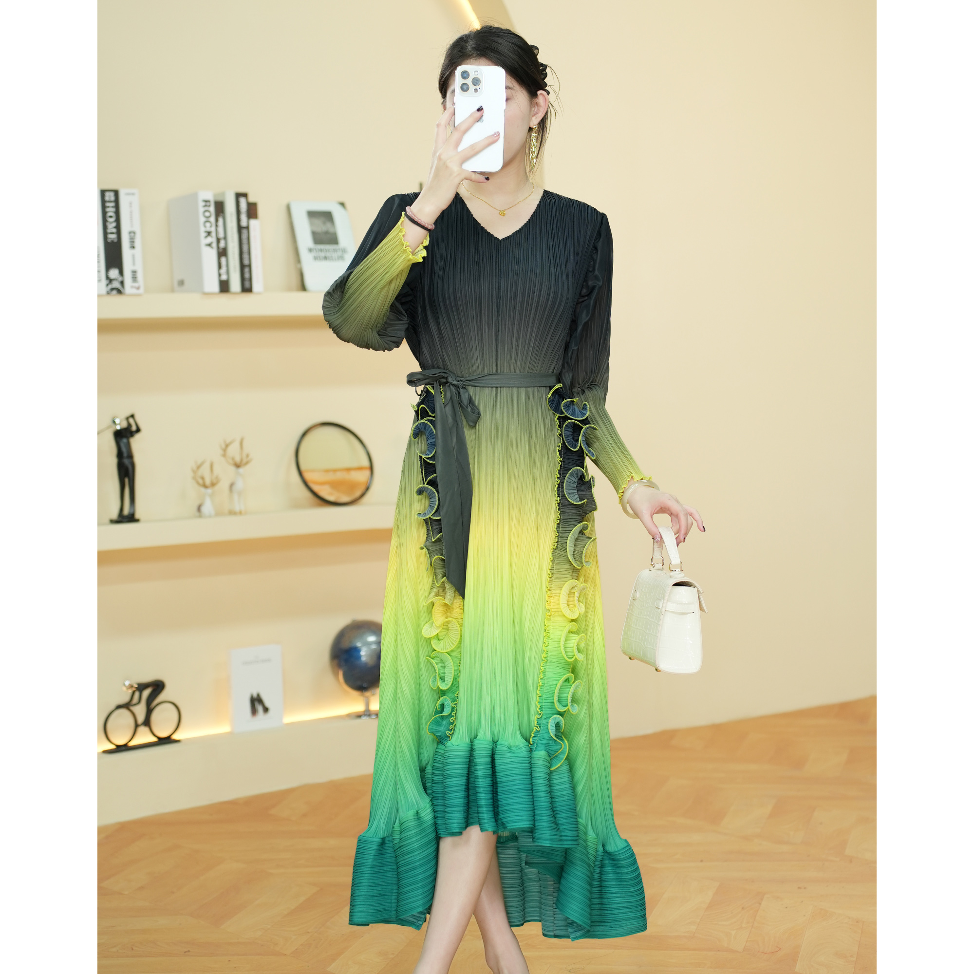 【小婷】ww161高级感宴会礼服高端渐变色荷叶边修身长款连衣裙