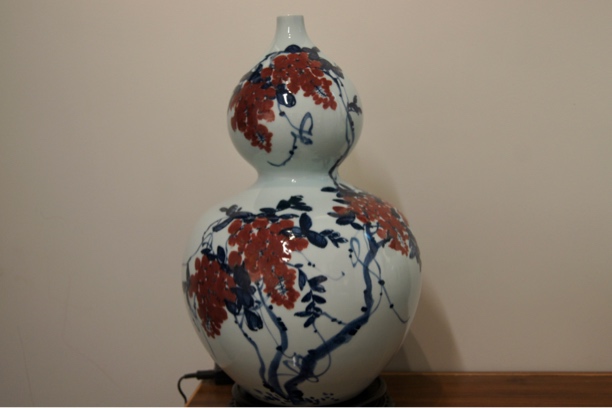 易炎窑原矿釉下高温青花釉里红手工手绘原创紫气东来葫芦瓶摆件