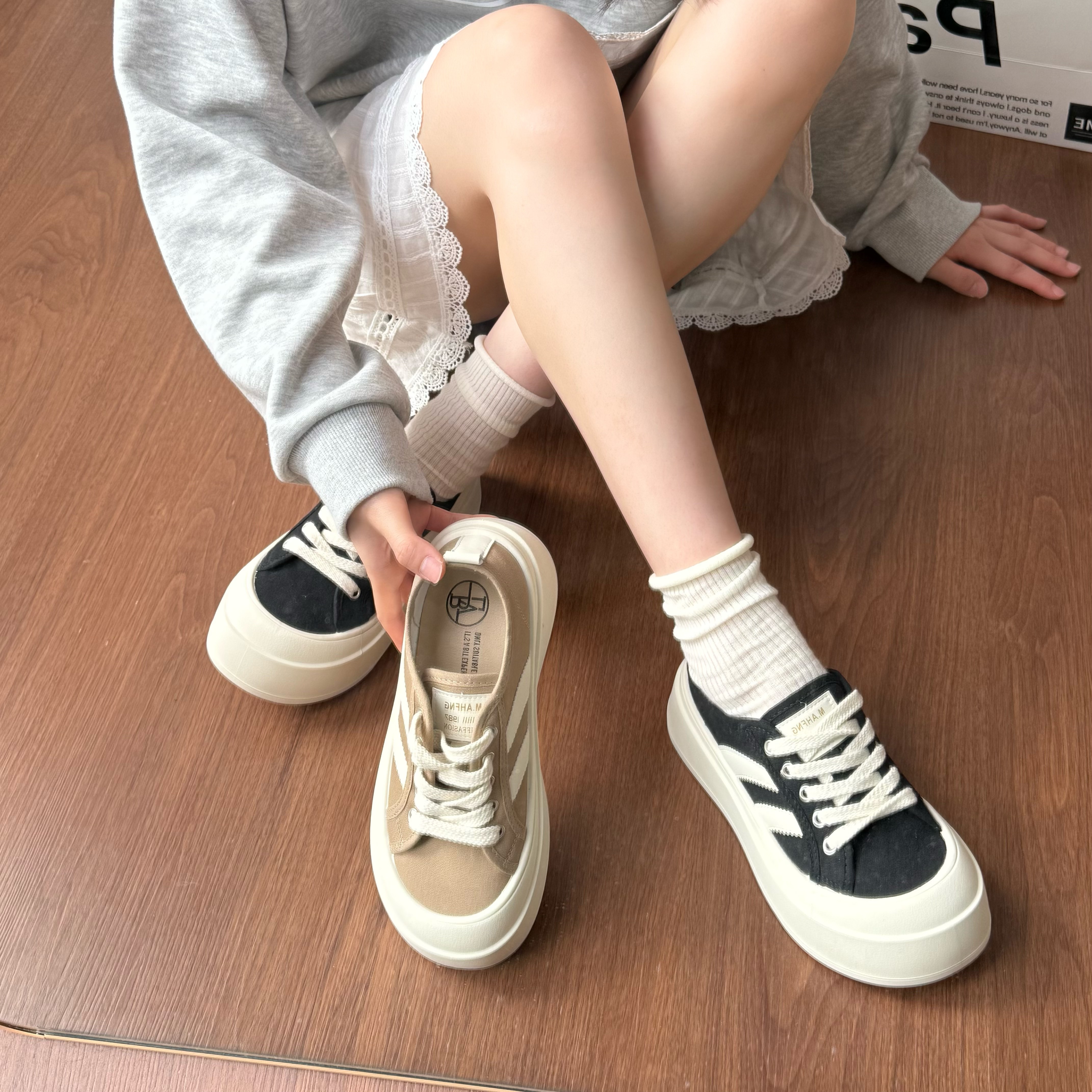 Tagabe松糕厚底帆布鞋女新款秋冬百搭复古黑色休闲鞋增高板鞋