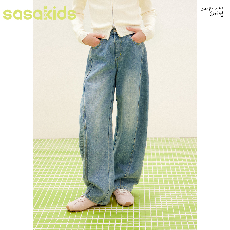 sasakids清新蓝牛仔弯刀裤莱赛尔休闲宽松阔腿百搭时尚女童裤子