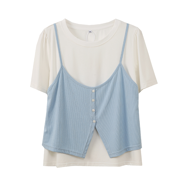 大码女装拼接假两件T恤2025夏季新款百搭减龄上衣252543