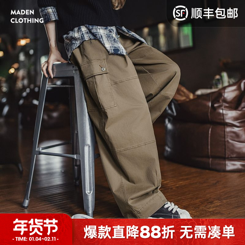 马登美式复古灰咖啡色多口袋宽松阔腿气球休闲弯刀工装裤子女士秋