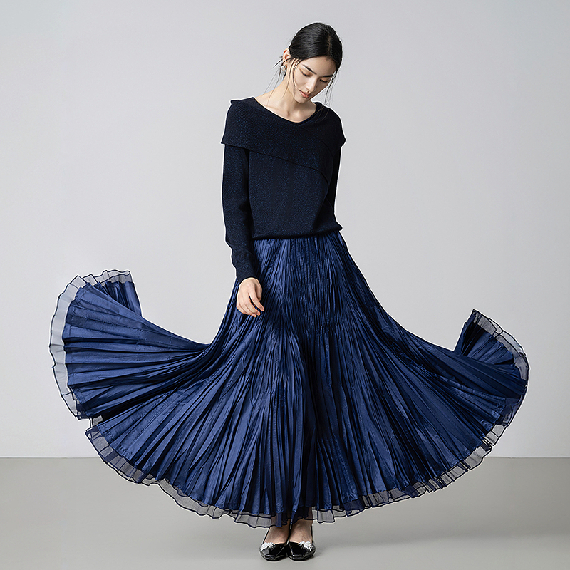 生活在左2025秋季休闲文艺拼真丝碎钻手工捏褶半身裙1953039