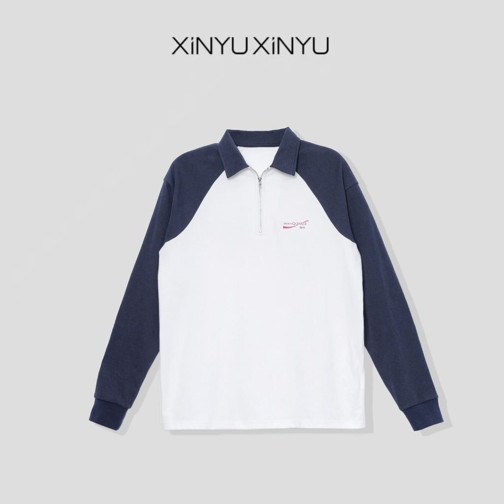 XINYU/芯与『等你下课』100棉字母蓝白拼接polo卫衣长袖T恤 203297 
