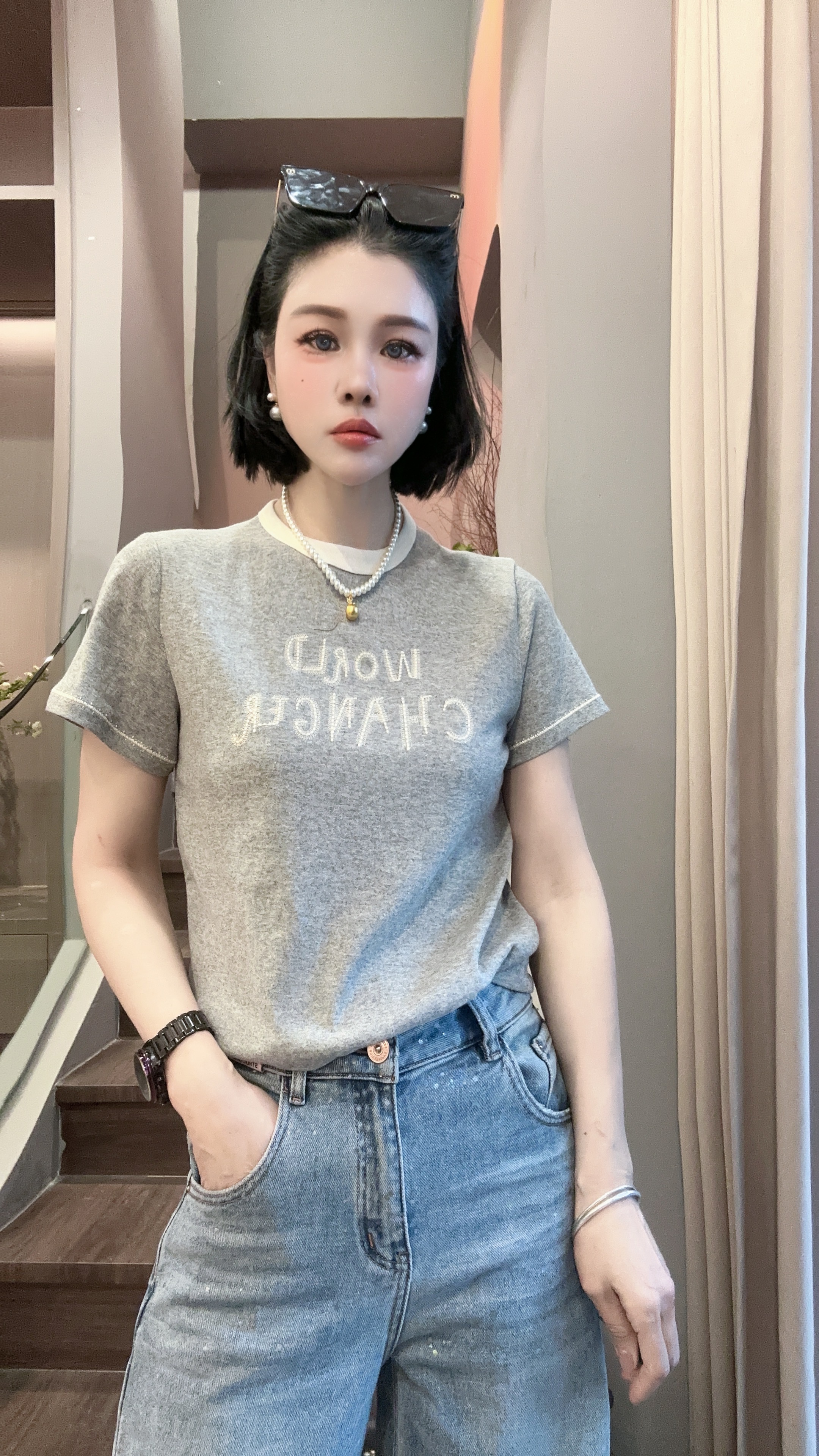 【YUANJIE】欧货夏季新款百搭刺绣涂鸦字母拼色圆领短袖T恤女