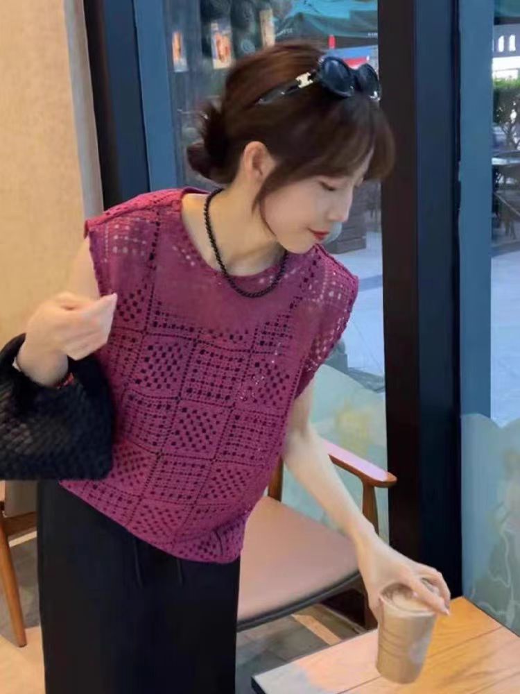 紫韵紫色圆领镂空马甲上衣