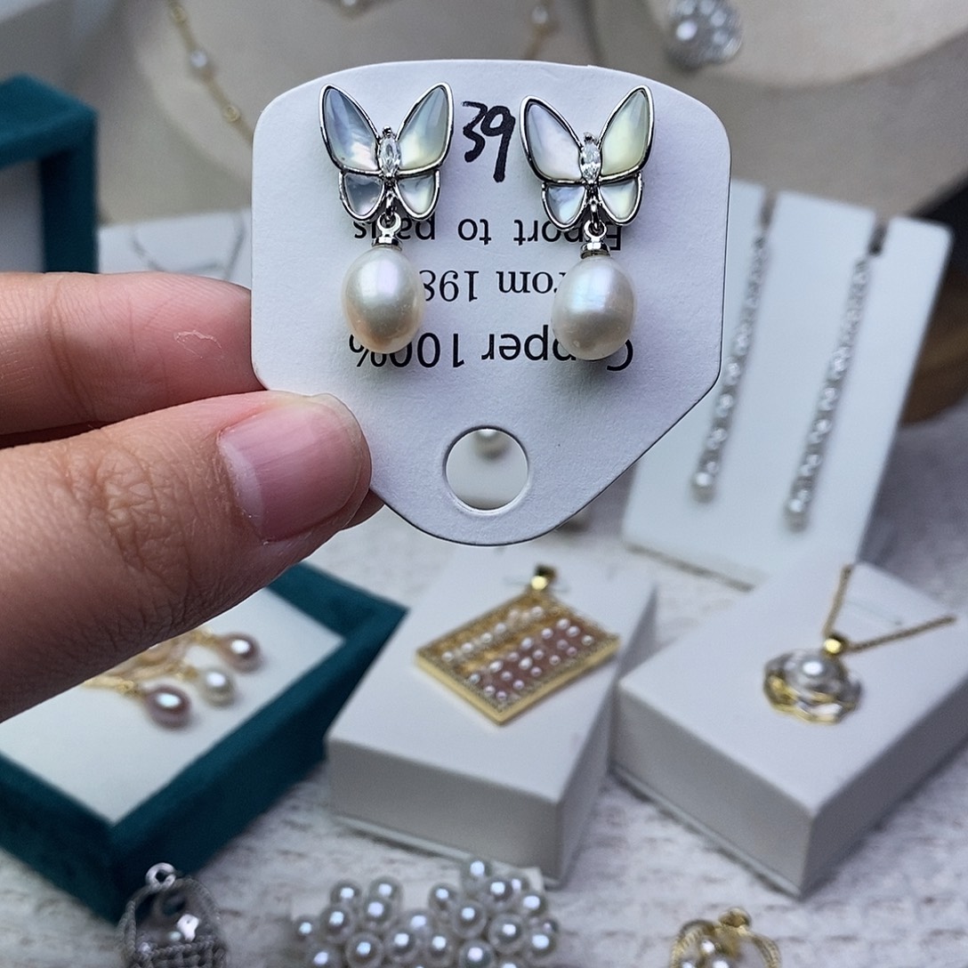 耳饰银S925镶嵌淡水珍珠