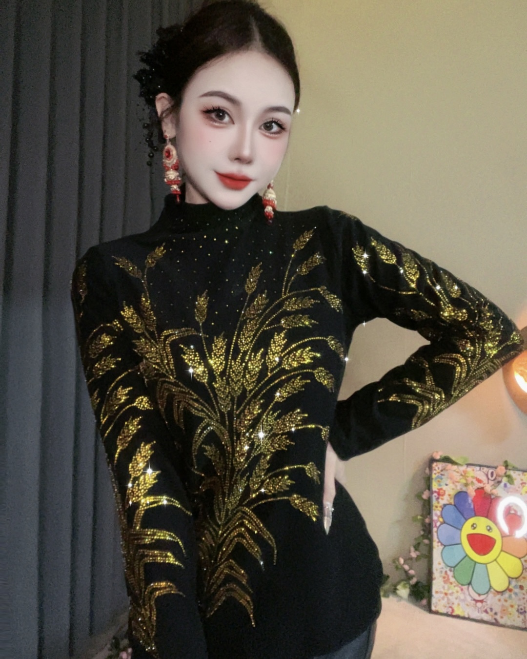 【秋冬55金麦穗新款半高领】加绒打底衫内搭烫钻上衣修身显瘦长袖Y