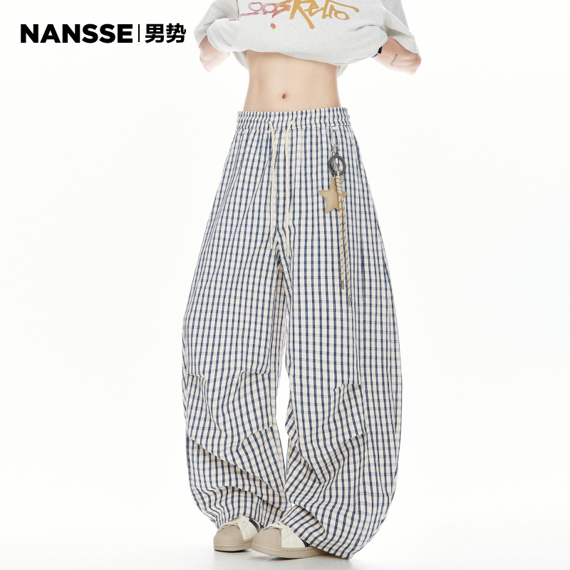 慵懒格子弯刀休闲裤子男女夏季新款潮牌宽松星星挂饰褶皱阔腿长裤