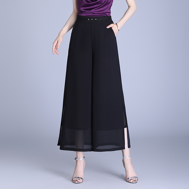 雪纺阔腿裤女夏季薄2025新款高腰显瘦宽松妈妈裤子开叉休闲九分裤