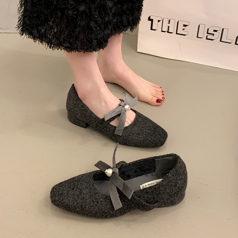 蝴蝶结灰色毛呢单鞋女鞋外穿温柔仙女风粗跟内增高玛丽珍鞋小香风