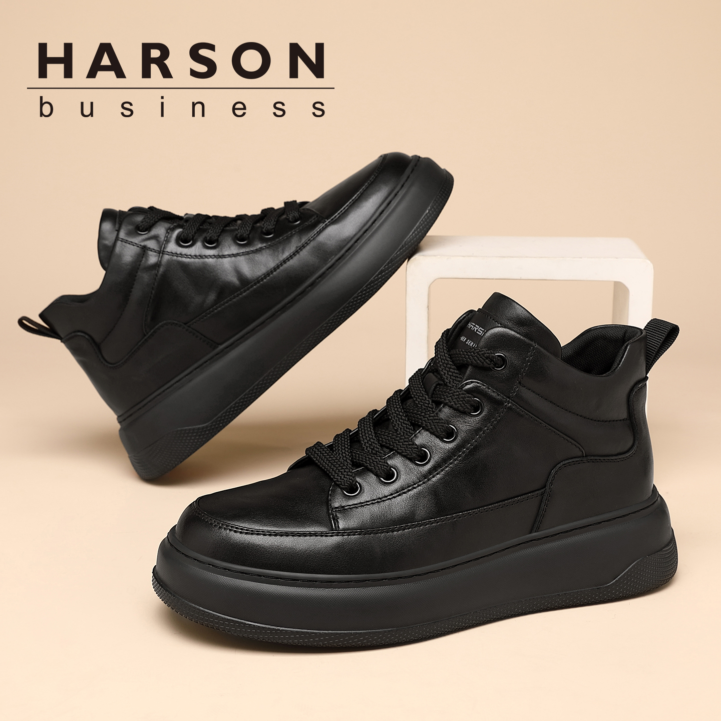 Harson/哈森【头层牛皮】棉鞋男冬季加绒高帮休闲皮男真皮厚底板鞋
