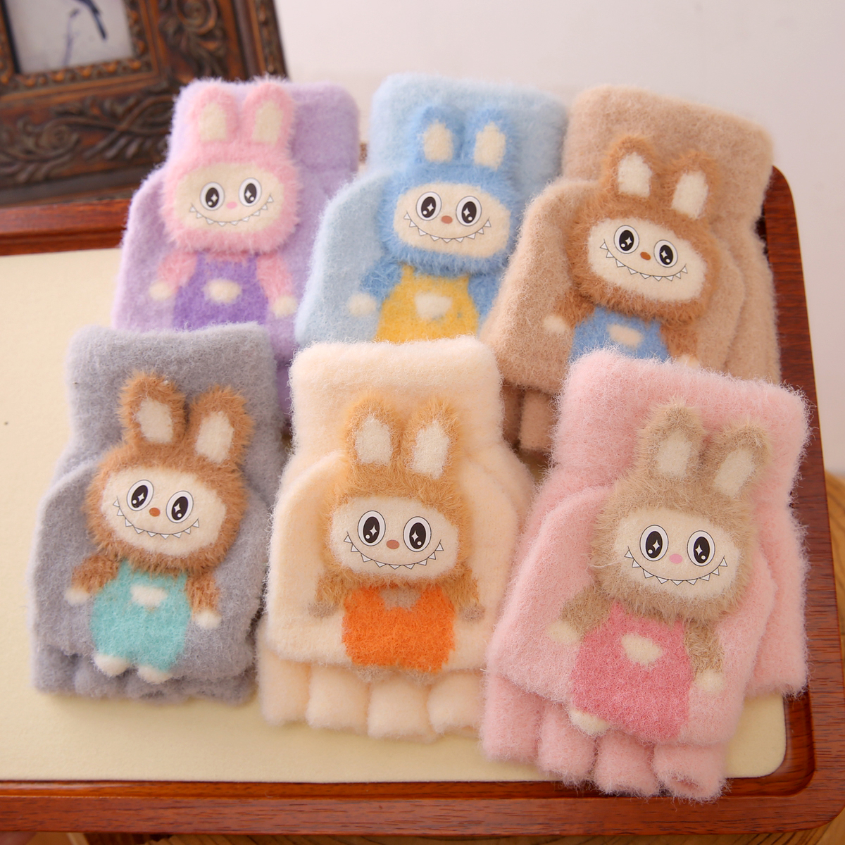 童手套女童冬季保暖卡通兔子半指翻盖小学生写字防寒露五指女孩