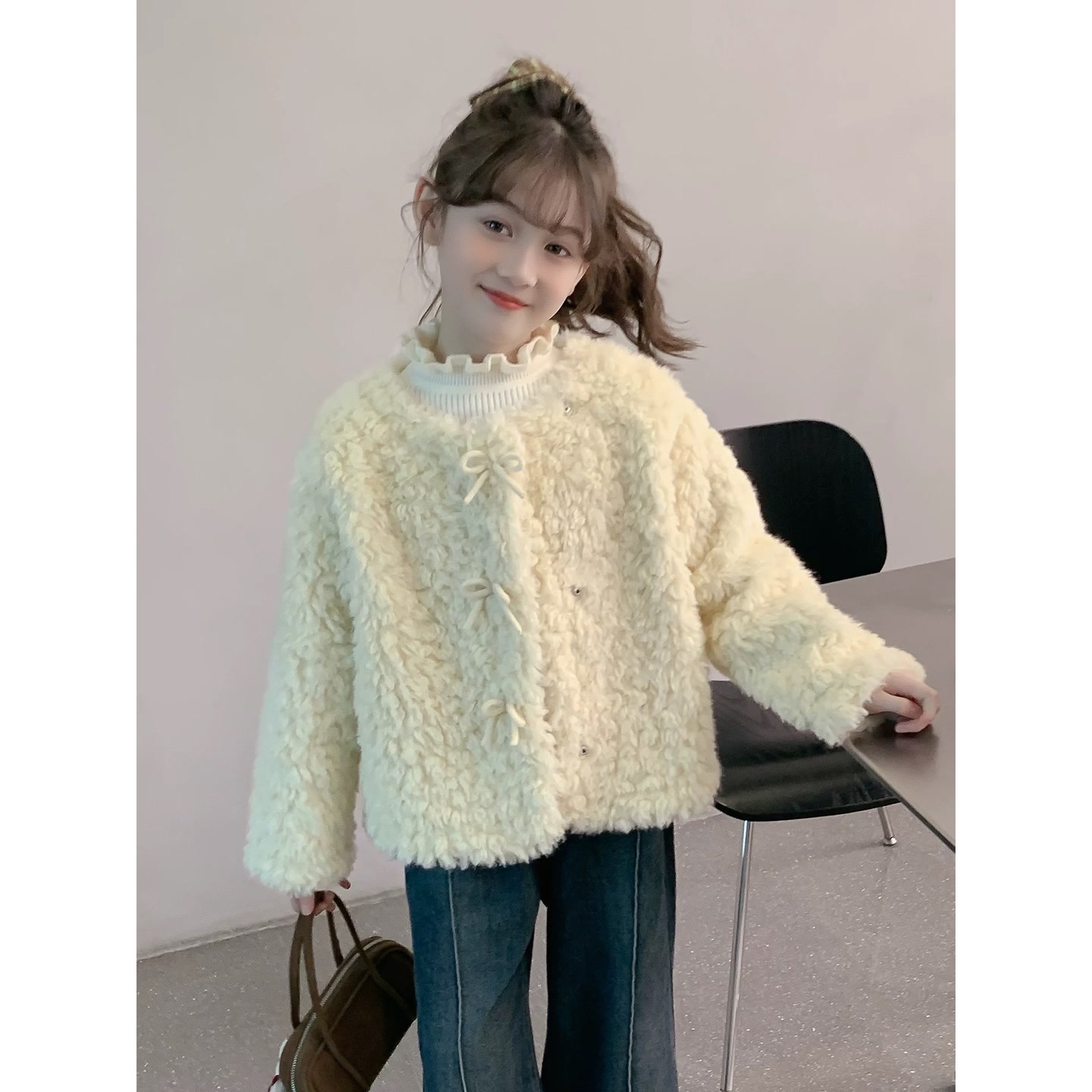小香风冬款女童加绒加厚毛毛衣外套