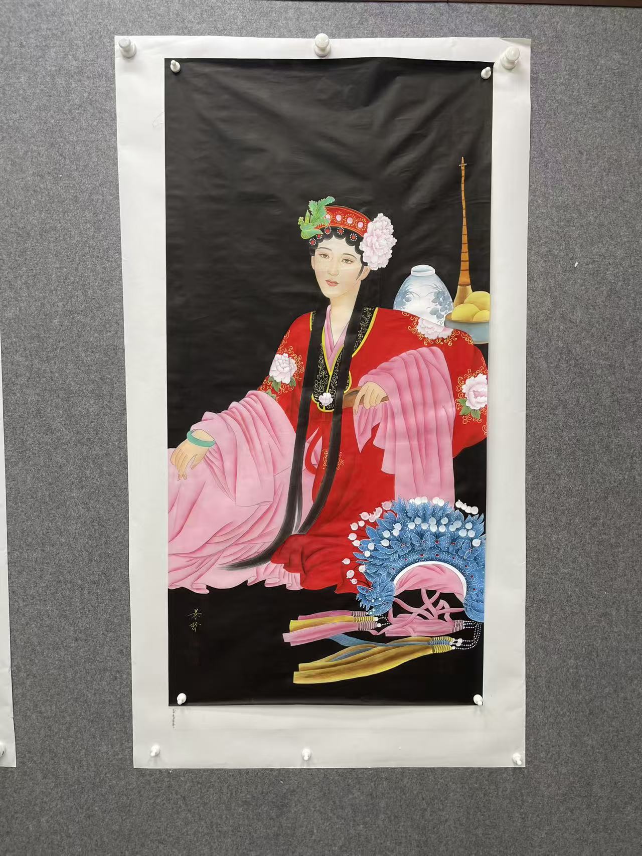 大尺幅-丝绢-中国红-戏曲人物-聚福书画院-cjz