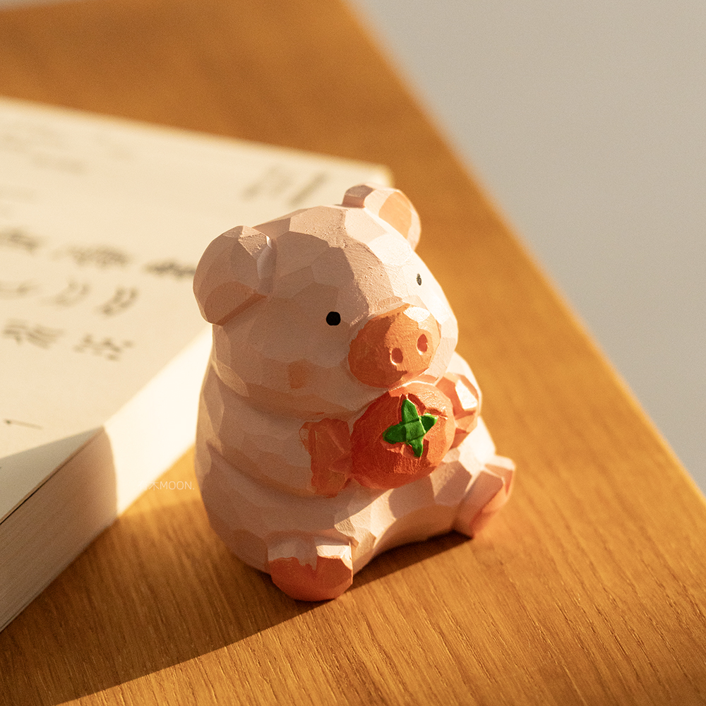 抱柿子的猪 诸事顺遂顺利木雕摆件 好运祝福朋友情侣可爱礼物礼品