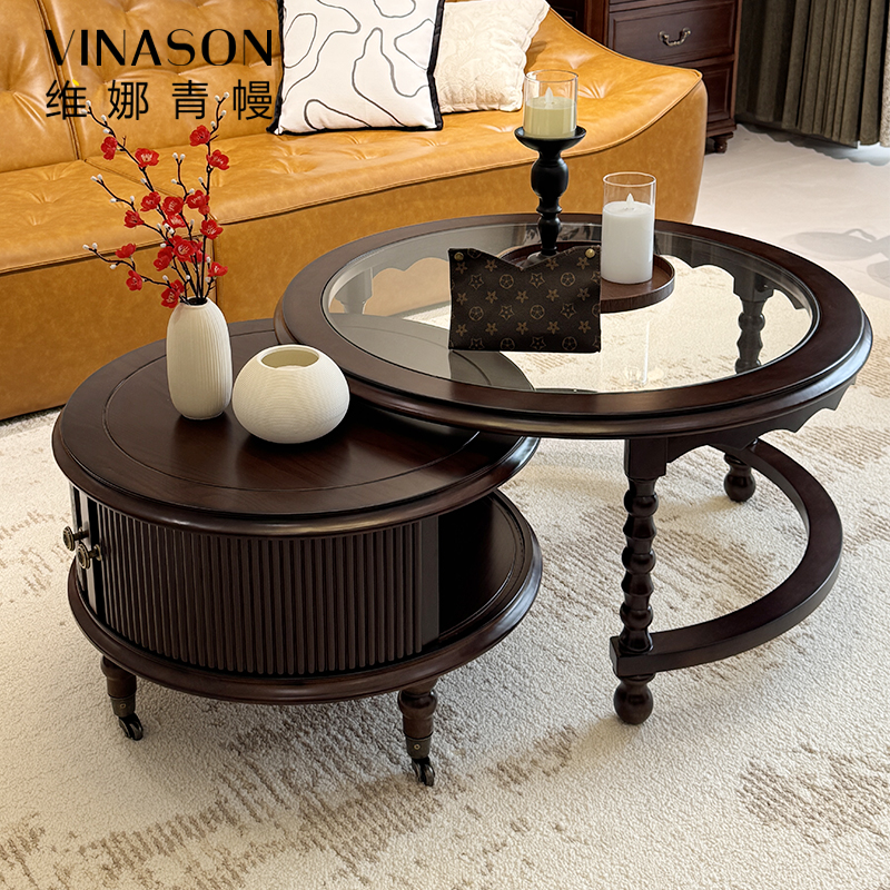 美式复古茶几客厅圆形家用简约新中式轻奢实木茶几