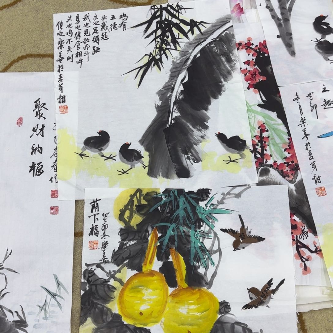 国画两张作品花鸟童