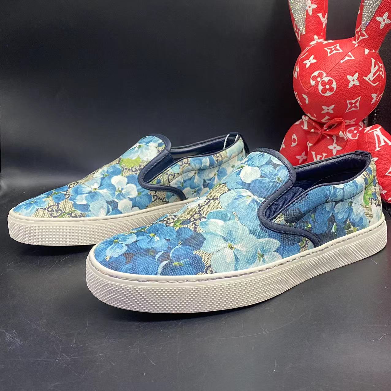 95新 GUCCI/古驰 【AO福利】39/41.5欧码蓝色花卉一脚蹬板鞋ao236
