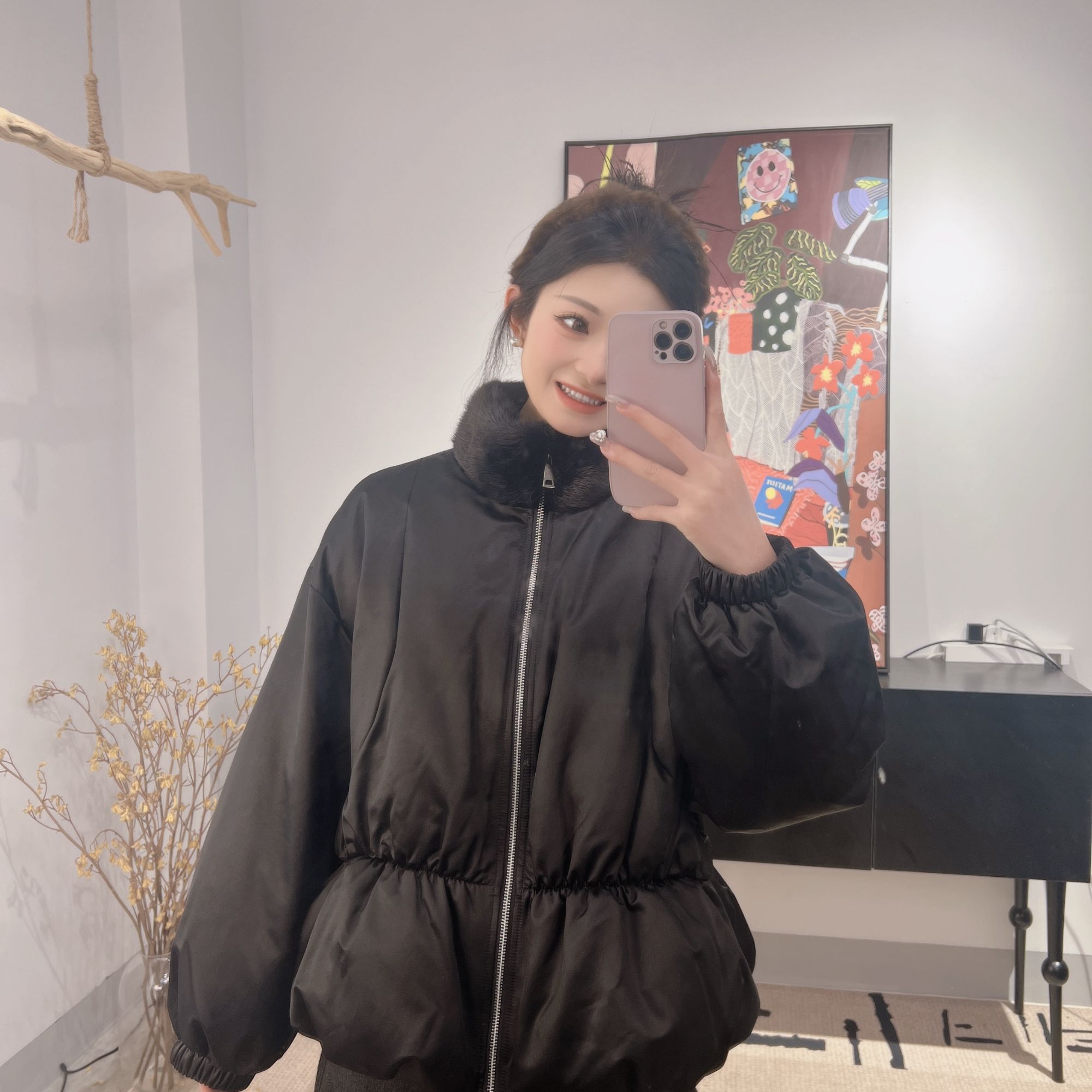 海宁收腰加绒加厚款翻领拉链90鹅绒设计师毛领冬季外套869